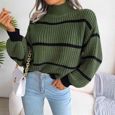 BEAUTIFUL I AM Striped Mock Neck Dropped Shoulder Sweater