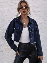 BEAUTIFUL I AM Cropped Collared Neck Raw Hem Denim Jacket