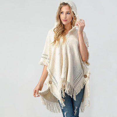 BEAUTIFUL I AM Fringed Crochet Buttoned Hooded Poncho