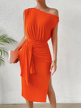 BEAUTIFUL I AM Tie Front Single Shoulder Slit Dress