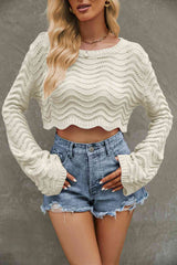 BEAUTIFUL I AM Round Neck Long Sleeve Cropped Sweater