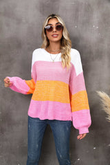 BEAUTIFUL I AM Color Block Round Neck Dropped Shoulder Sweater