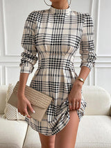 BEAUTIFUL I AM Houndstooth Mock Neck Cinched Mini Dress