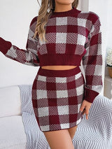 BEAUTIFUL I AM Plaid Round Neck Top and Skirt Sweater Set