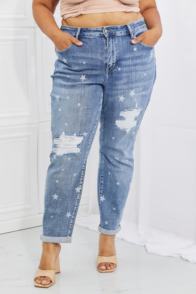 BEAUTIFUL I AM Judy Blue Sarah Full Size Star Pattern Boyfriend Jeans