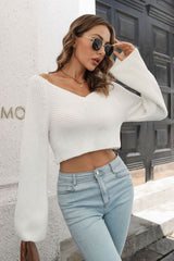 BEAUTIFUL I AM Cropped V-Neck Flare Sleeve Knit Top Shirt