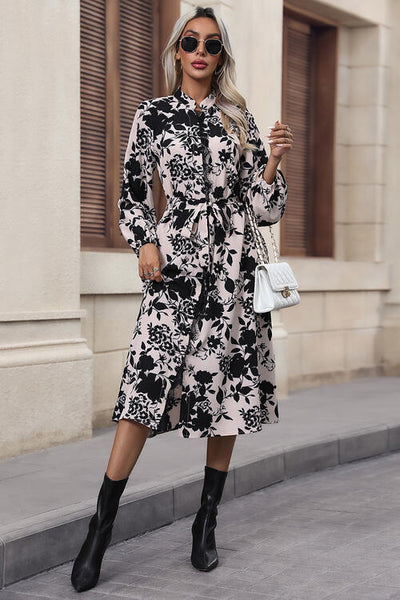 BEAUTIFUL I AM Floral Balloon Sleeve Tied Midi Dress