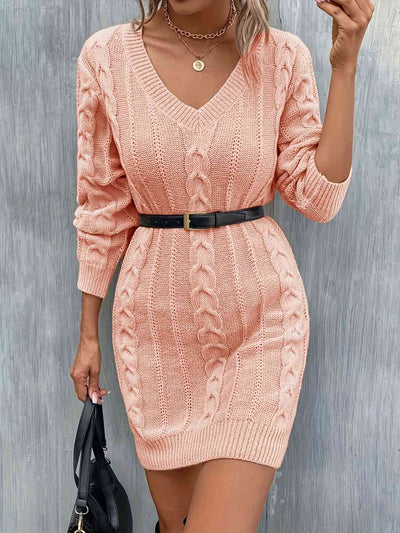 BEAUTIFUL I AM Cable-Knit V-Neck Sweater Dress