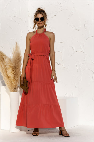 BEAUTIFUL I AM Halter Neck Tie Waist Tiered Maxi Dress