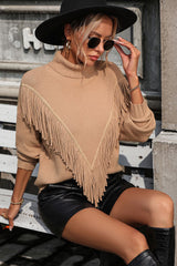 BEAUTIFUL I AM Turtle Neck Tassel Front Long Sleeve Pullover Sweater