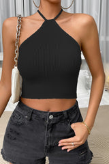 BEAUTIFUL I AM Halter Neck Ribbed Cropped Knit Top Shirt