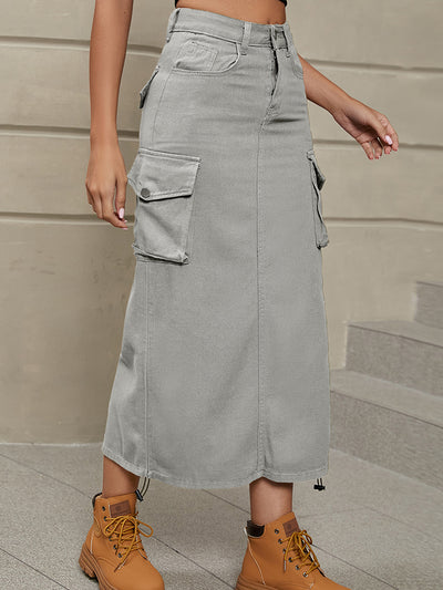 BEAUTIFUL I AM Drawstring Denim Skirt Dress with Pockets