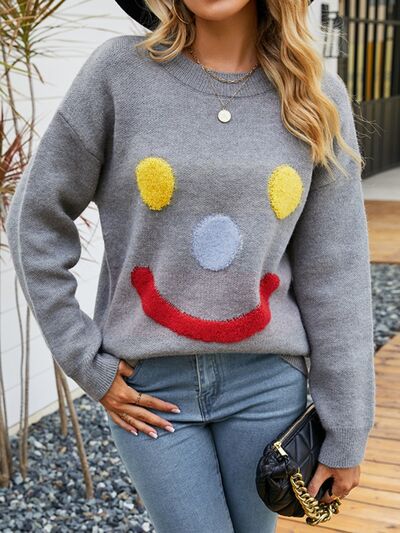 BEAUTIFUL I AM Smile Pattern Round Neck Dropped Shoulder Sweater