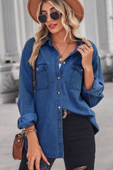 BEAUTIFUL I AM Collared Neck Dropped Shoulder Denim Shirt Top