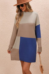 BEAUTIFUL I AM Color Block Mock Neck Dropped Shoulder Sweater Dress