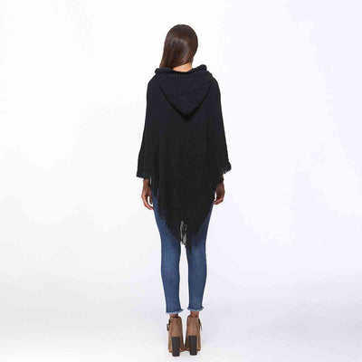 BEAUTIFUL I AM Openwork Fringe Hem Hooded Poncho