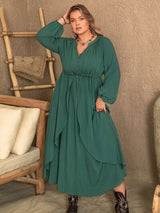 BEAUTIFUL I AM Plus Size Notched Layered Balloon Sleeve Midi Dress