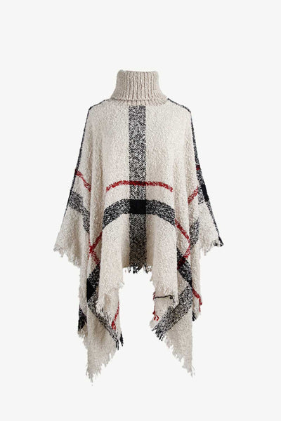 BEAUTIFUL I AM Plaid Turtleneck Raw Hem Poncho