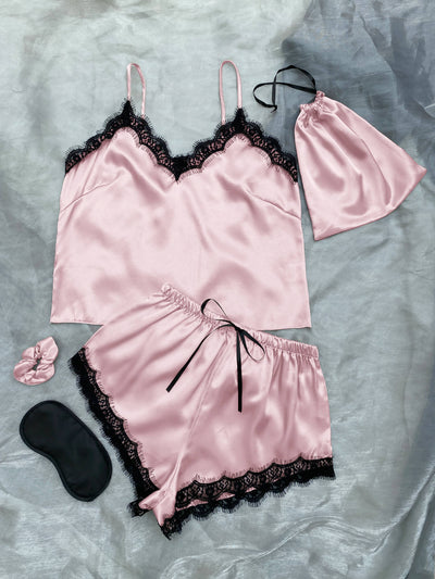 BEAUTIFUL I AM Lace Trim Cami, Shorts, Eye Mask, Scrunchie, and Bag Pajama Set Sleep Wear