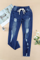 BEAUTIFUL I AM Drawstring Distressed Raw Hem Jeans with Pockets