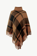 BEAUTIFUL I AM Plaid Turtleneck Fringe Hem Poncho