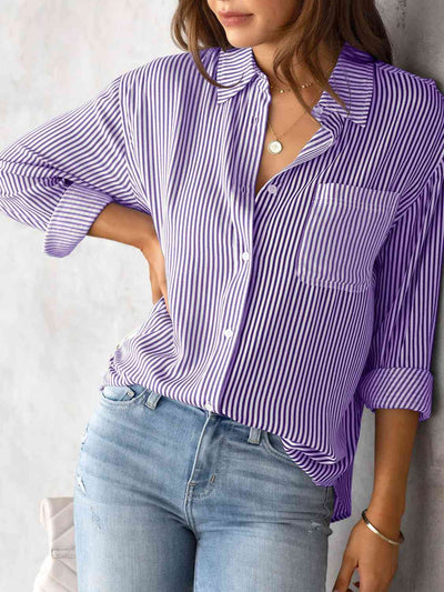 BEAUTIFUL I AM Striped Collared Neck Shirt with Pocket