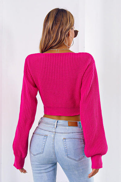 BEAUTIFUL I AM Bow V-Neck Long Sleeve Cropped Sweater