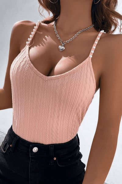 BEAUTIFUL I AM Beads Detail Spaghetti Straps Cable-Knit Cami Shirt