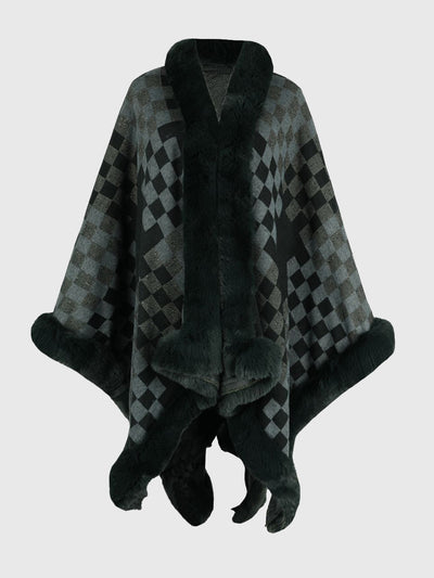 BEAUTIFUL I AM Checkered Faux Fur Trim Poncho