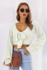 BEAUTIFUL I AM Bow V-Neck Long Sleeve Cropped Sweater