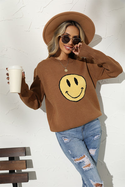 BEAUTIFUL I AM Round Neck Long Sleeve Smily Face Graphic Sweater