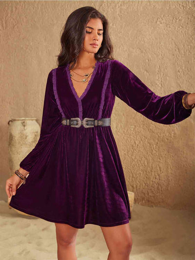 BEAUTIFUL I AM Ruffled V-Neck Long Sleeve Dress