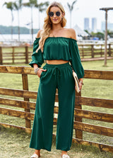 BEAUTIFUL I AM Off-Shoulder Blouse and Drawstring Waist Pants Set