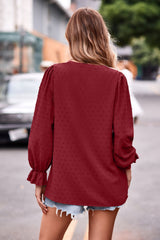 BEAUTIFUL I AM Swiss Dot Notched Neck Flounce Sleeve Blouse Shirt