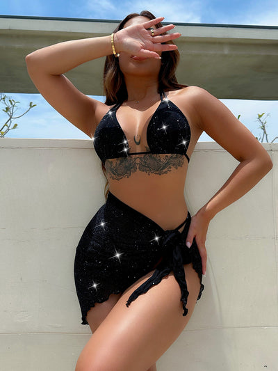 BEAUTIFUL I AM Glitter Halter Neck Backless Three-Piece Swim Set