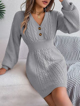 BEAUTIFUL I AM Buttoned Cable-Knit V-Neck Sweater Dress