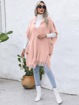 BEAUTIFUL I AM Fringe Trim Buttoned Hooded Poncho