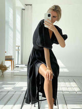 BEAUTIFUL I AM Surplice Balloon Sleeves Tied Dress