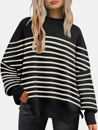 BEAUTIFUL I AM Round Neck Drop Shoulder Slit Sweater