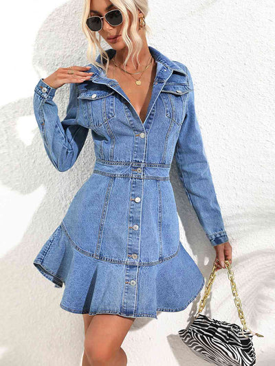 BEAUTIFUL I AM Collared Neck Button Down Denim Dress