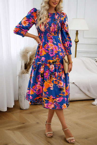 BEAUTIFUL I AM Printed Smocked Lantern Sleeve Ruffled Dress