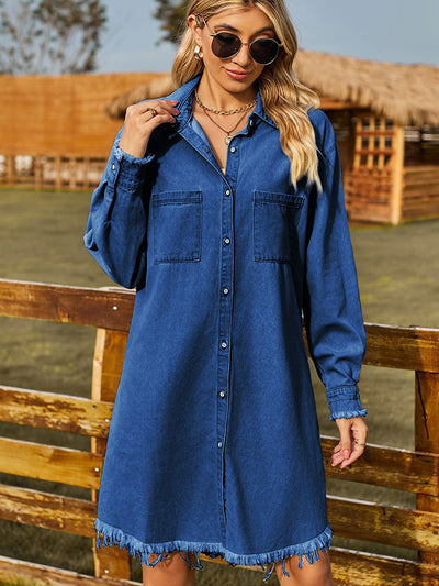 BEAUTIFUL I AM Raw Hem Collared Denim Dress