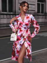 BEAUTIFUL I AM Floral Print Collared Neck Slit Dress