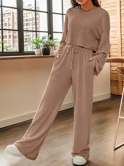 BEAUTIFUL I AM Ribbed Round Neck Top and Drawstring Pants Set