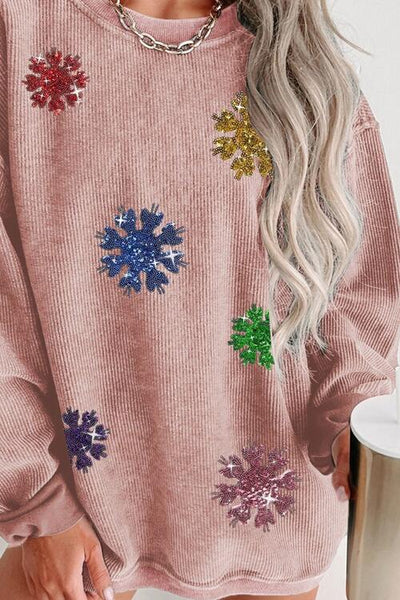 BEAUTIFUL I AM Sequin Snowflake Round Neck Sweatshirt