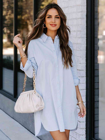 BEAUTIFUL I AM Button Up Collared Neck Long Sleeve Shirt Dress