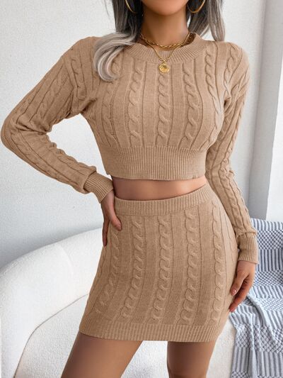 BEAUTIFUL I AM Cable-Knit Round Neck Top and Dress Skirt Sweater Set