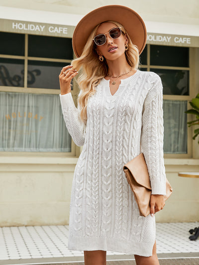 BEAUTIFUL I AM Notched Neck Cable-Knit Slit Sweater Dress