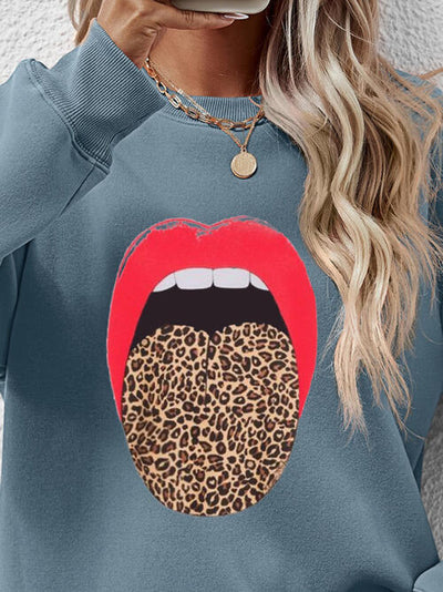 BEAUTIFUL I AM Leopard Lip Graphic Round Neck Sweatshirt