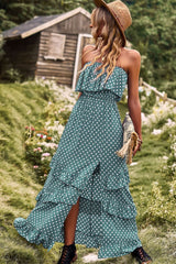 BEAUTIFUL I AM Polka Dot Strapless Slit Ruffled Maxi Dress